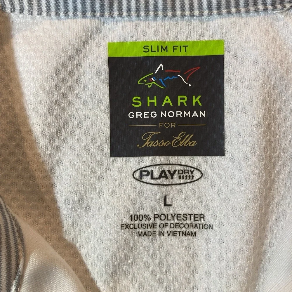 Greg Norman Men's Golf Polo Large Grey White Striped Shark Tasso Elba Play-Dry - Picture 8 of 9